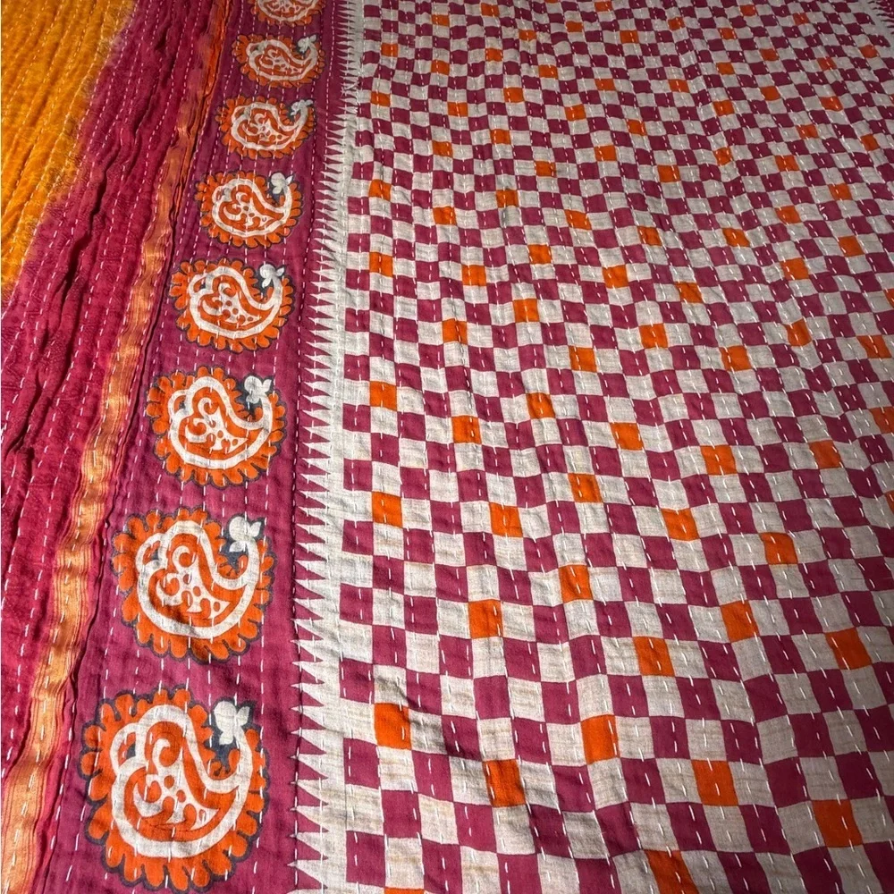 Vintage Kantha Quilt Twin Hand Stitched Sari Patchwork Boho Textile 52” x 80”